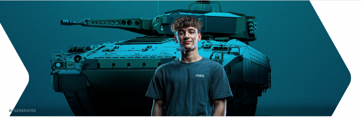 junger Mann steht vor einem Panzer