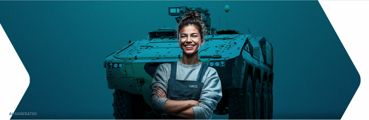 junge Frau steht vor einem Panzer